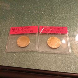 Set Of Two Very Old Gold Covered "V" Nickels