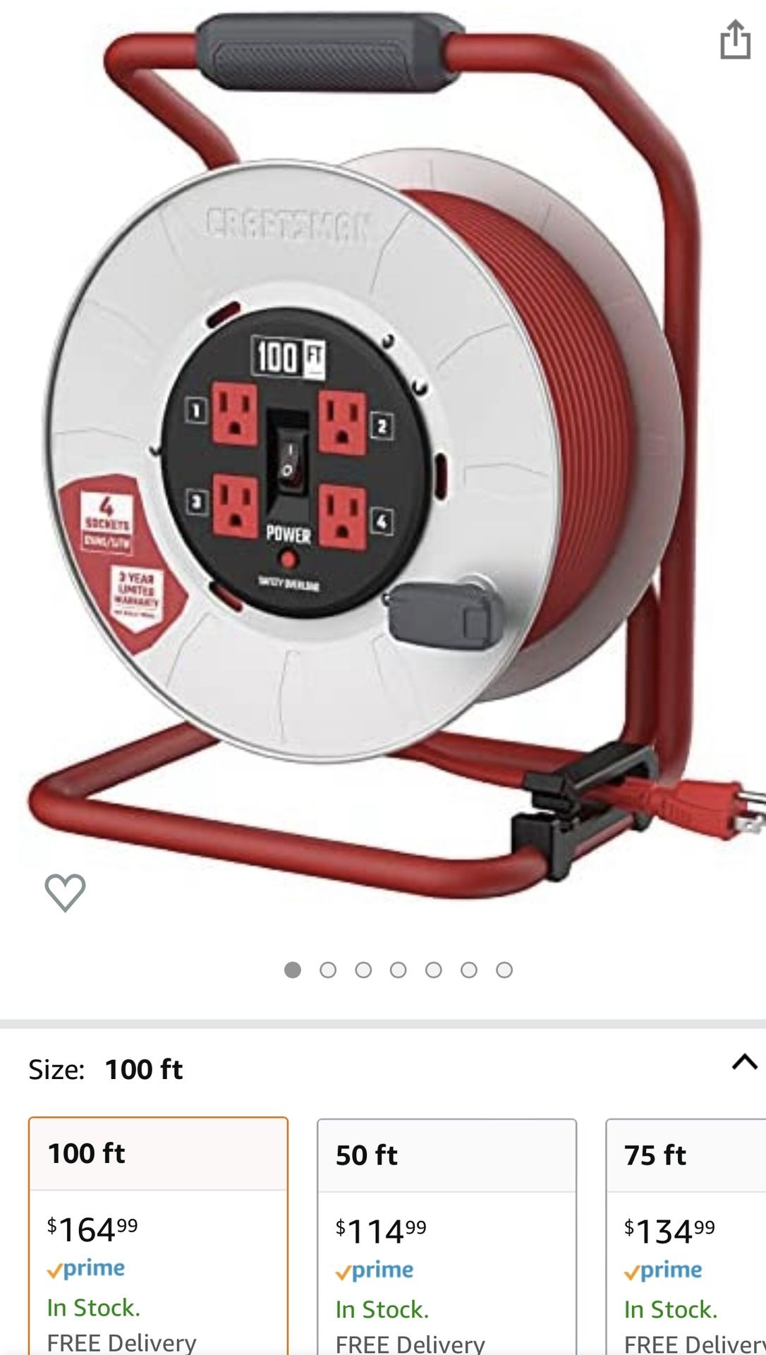 CRAFTSMAN Contractor Grade Retractable Extension Cord, 100 feet with 4 Outlets - 12AWG SJTW Cable - Outdoor Power Cord Reel