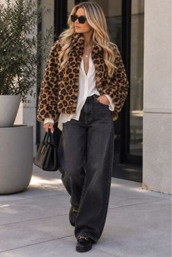 ZARA TRE Leopard Faux Fur Zip Jacket XS