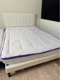 Queen Upholstered Velvet Platform Bed + Zinus Memory Foam Mattress + 2 Mattress Toppers