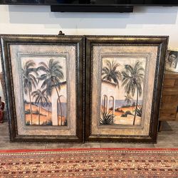 2 Pair Large Kirkland's Harlequin Palms wall art prints in brown and gold frame