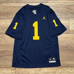 Air Jordan Michigan Wolverines #1 Navy Blue Football Jersey Youth Medium