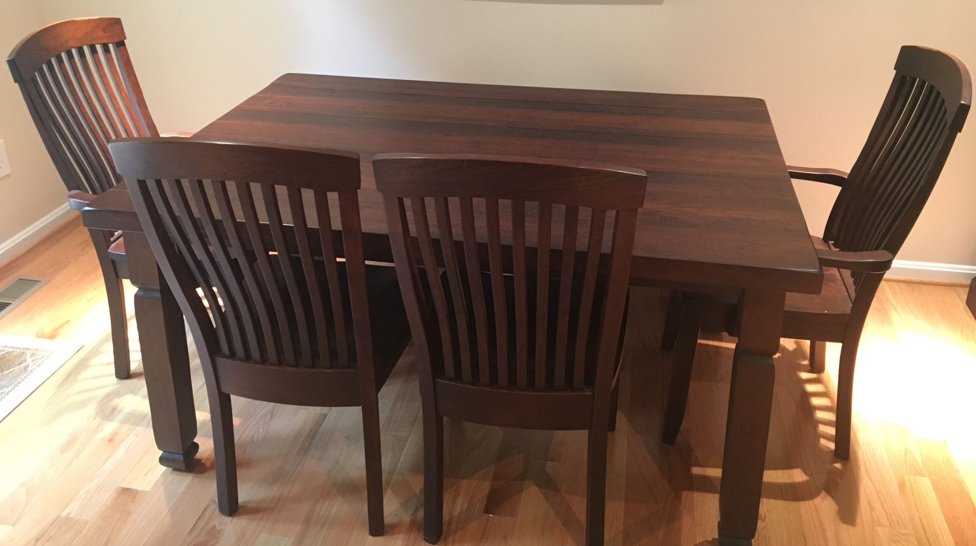 Amish dining room set: table, 2 arm chairs, 2 side chairs, one 2-person bench