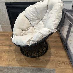 Papasan Chair with White Round Pillow-Top Cushion and Black Frame 205