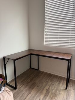 L-Shaped Corner Computer Desk | Brown Wood & Black Metal Frame