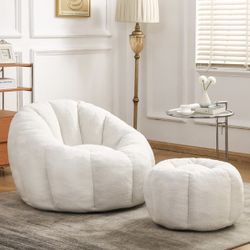 Bean Bag Chair, Stuffed Beanbag Chairs, Large Bean Bag Chair with Filler, Big Beanbag Chairs with Filling for Living Room (Teddy Fabric in Ivory, Matc