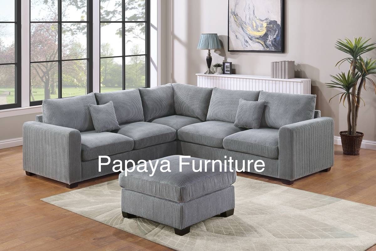New Plush Corduroy Round Armed sectional and ottoman, Sectional, Sofa, Couch, Sectional couch, L-Shaped sofa, Ivory sofa, Beige sectional, sectionals
