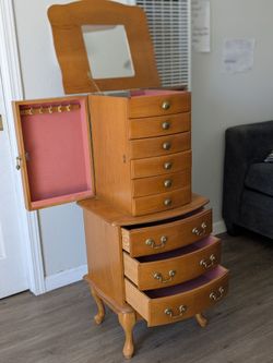 Wooden Jewelry Armoire with Mirror & Drawers