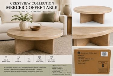 NEW Crestview Mercer Solid Mango Wood Round Coffee Table – 40”