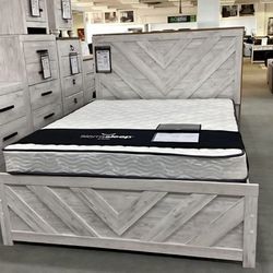 Cayboni Whitewash Queen Panel Bed, Dresser, Mirror And Nightstand$10 Down Payment And Financing Available