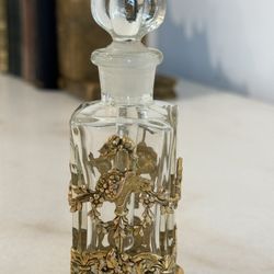 Antique Apollo Gold Gilt Ormolu Filigree Glass Perfume Bottle With Stopper 1920