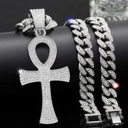 3-Pcs Iced Out 14K White Gold-Plated Cubic Zirconia Ankh Cross Pendant With 24" Miami Cuban Necklace & Bracelet 