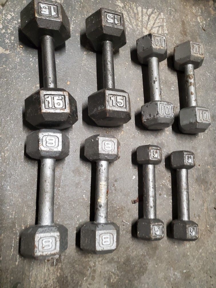 Dumbell Pairs, 15, 10, 8, and 5 Lbs Pairs.
