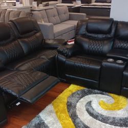 Summer sale event. Santiago black leather reclining sofa and loveseat set now $1199. Easy finance option. Same day delivery.
