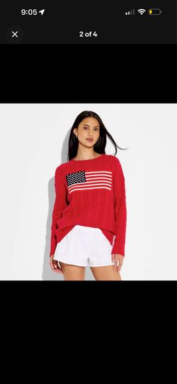 Women Crewneck Americana Flag Pullover Sweater - Wild Fable Berry Red Flags Large