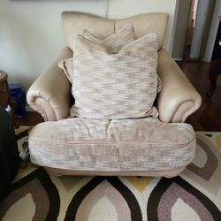 Leather & down filled pillows Thayer Coggin beige lounge chair & ottoman