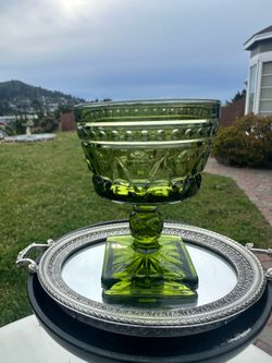 Vintage Green pressed glass goblet with square base glossy finish drinkware