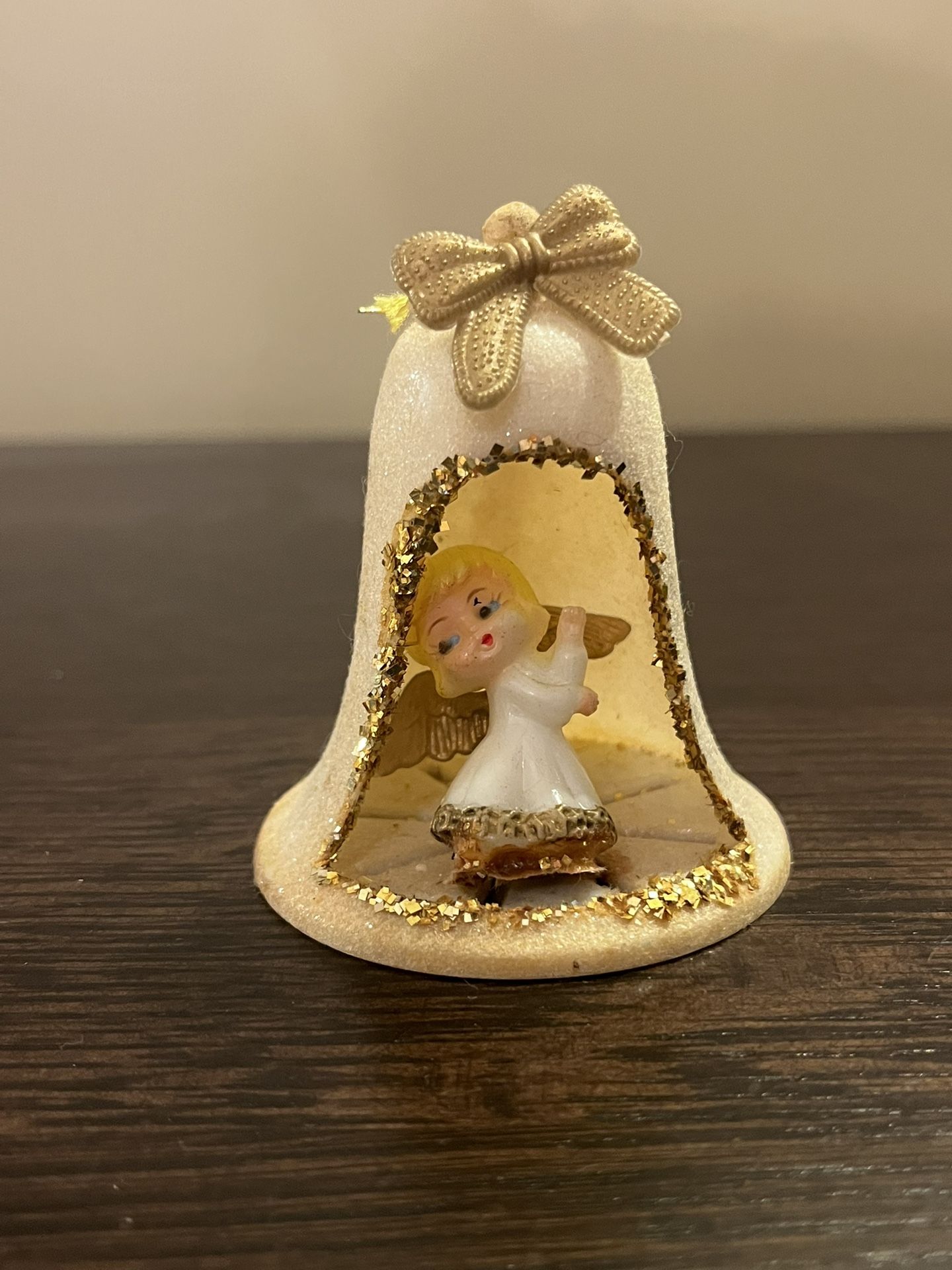Kitschy Vintage Christmas Angel White Flocked Bell Ornament  Diorama 