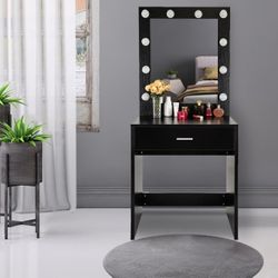 Vanity Table w/ 10 LED Lighted Mirror with Drawer Black