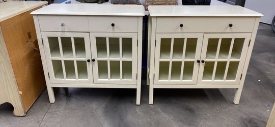 Pair of White Wood Cabinets with Glass Doors