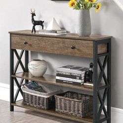 Console Table with Drawer and 2 Open Storage Shelves, Sofa Table for Living Room, 3-Tier Narrow Entryway Table, X-Shaped Design, Taupe Wood

