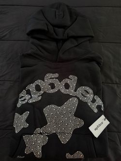 Sp5der Black Rhinestone Graphic Hoodie Size M