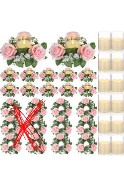 Yunlly 6 Pcs Rose Candle Rings with Candles Sets, Pink Artificial Rose Leaves, 3 Inch Flameless Candles, Candle Rings Wreaths for Wedding Valentines M