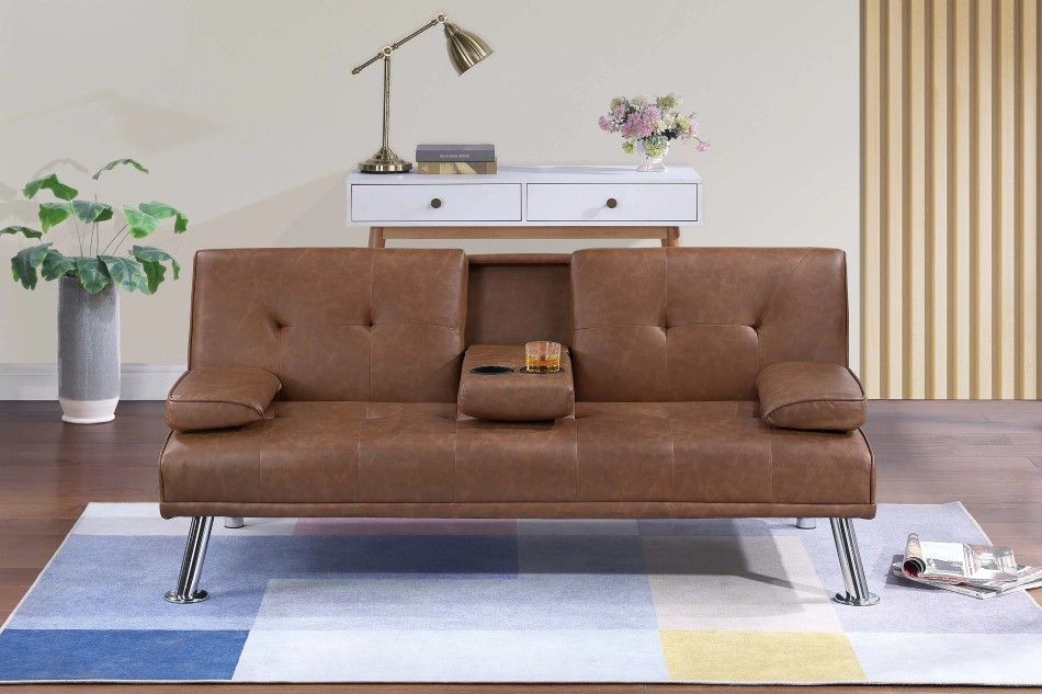 🍀 Sofa Bed Futon, Brown, Black Faux Leather, Black Fabric, New In The Box.