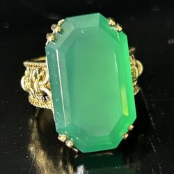 Vintage Ring Size 8 Silver 925 Chrysoprase Gold Plated Green Gemstone Large Emerald Cut