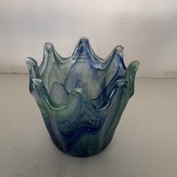 MURANO Italian White Crystal Glass Vase Hand Blown Italy Blue Green Aqua Teal