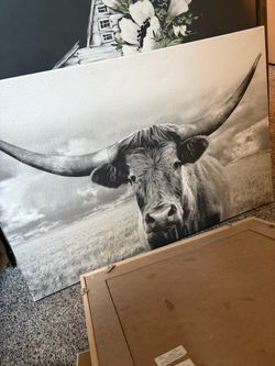 Black and White Longhorn Bull Canvas Wall Art
