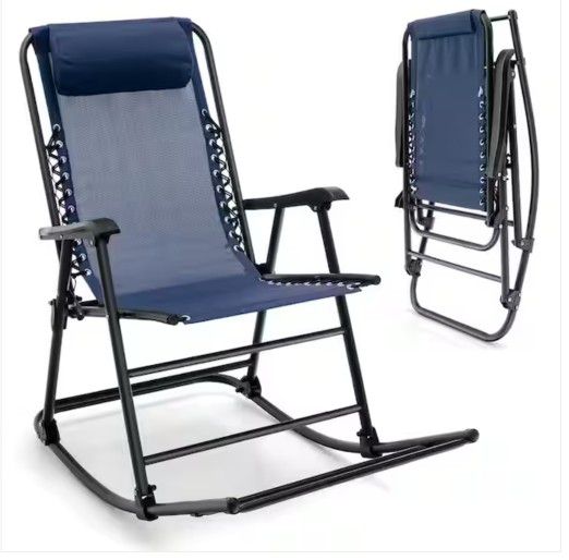 Metal Camping Outdoor Rocking Chair Folding Rocker Footrest Lightweight Outdoor Navy


