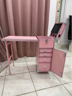 Pink Portable Nail Tech Station / Rolling Manicure Table with Storage