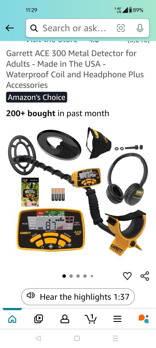 Garrett ACE 300 Metal Detector for Adults Made in The USA Waterproof Coil and Headphone Plus Accessories