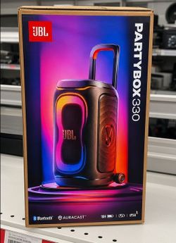 JBL Partybox 330 Portable 18 Hour Battery Powered Speaker Bluetooth USB-C Aux Mic Input Karaoke FX LED Lights App Control