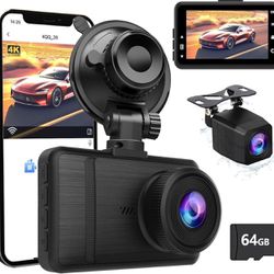 4K+1080P Dual Dash Camera for Cars with WiFi Control, Night Vision, G-Sensor, 24H Parking