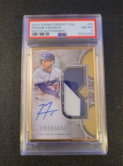 Pop1 top pop PSA 8 #8/15 on card Auto game used Patch Freddie Freeman 2023 Topps Transcendent Collection