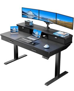 55 x 30 inch Standing Desk with Wood Drawers,Electric Stand up Home Office Desk Adjustable Height with Two Tiers, Black Ergonomic Stand up Desk with M