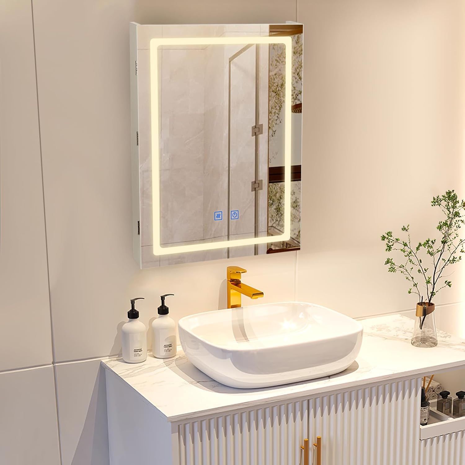 20”x28” Bathroom Medicine Cabinet with LED Lights and Mirror, Wall Mounted Mirror Cabinet with Adjustable Shelf, Defogger, Memory 3-Color Mode, Dimmer