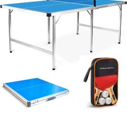 PRO SPIN Midsize Ping Pong Table | Foldable | Complete Set with Premium Ping Pong Paddles & Balls | 100% Pre-Assembled | Portable Aluminum Table Tenni