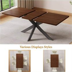 New-63"-79" Extendable Dining Table, Modern Walnut Finish Table with Sturdy Metal Frame, Rectangular Kitchen Table for 6-8 People, Easy Assembly, Spac