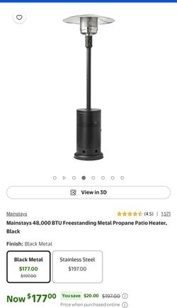 Mainstays 48,000 BTU Freestanding Metal Propane Patio Heater, Black