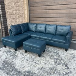 Teal Faux Leather Sectional Storage Ottoman