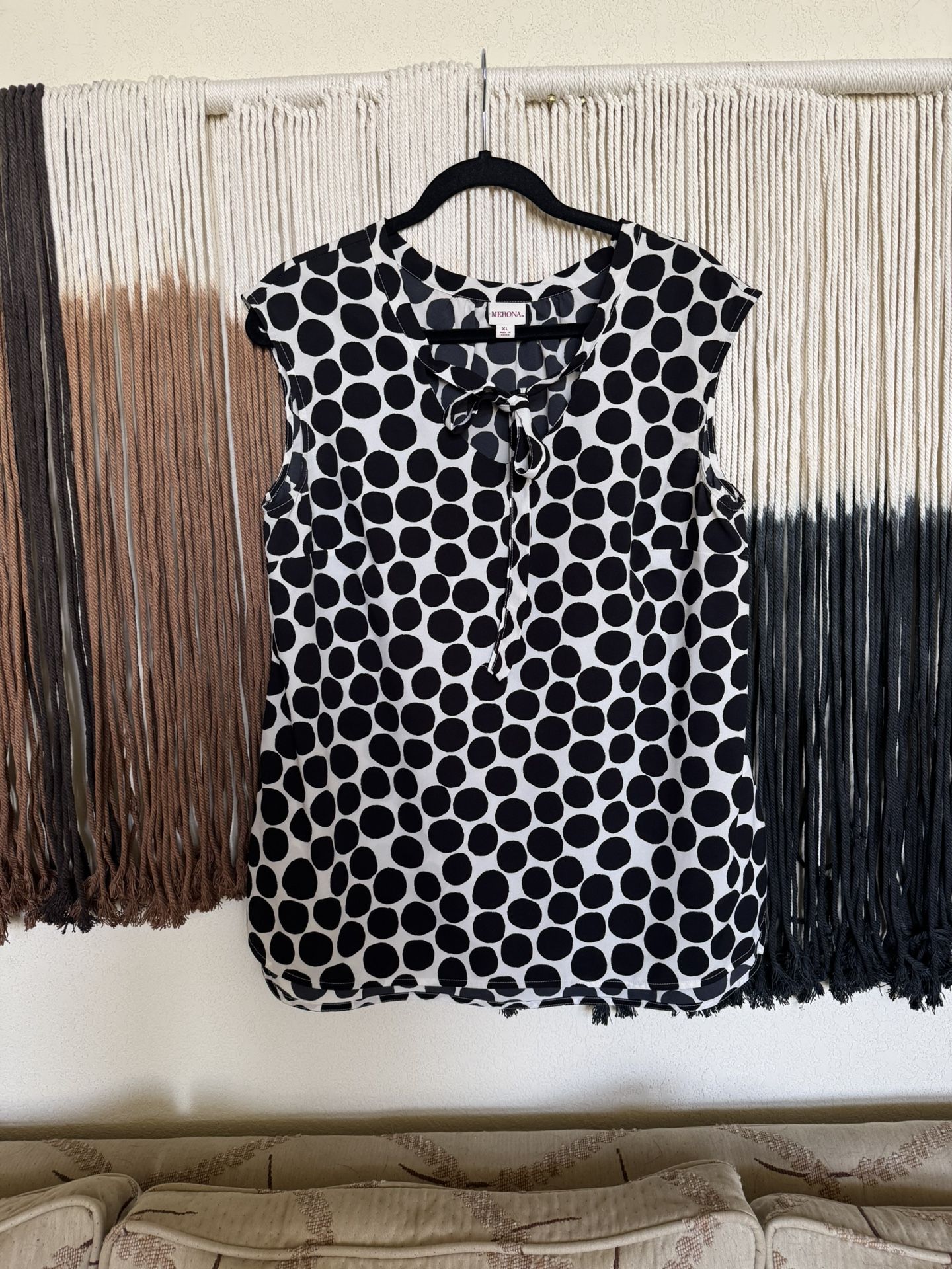 Merona black and white polka dot sleeveless blouse with tie neck detail; perfect condition