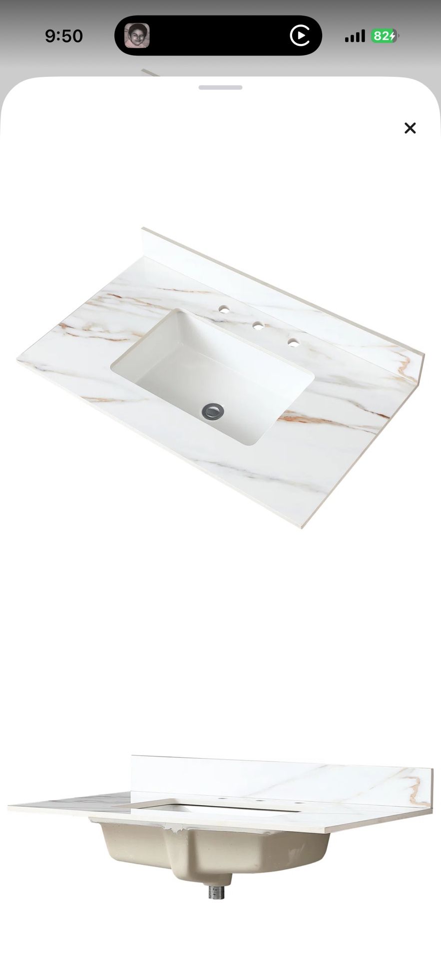 37" White Bathroom Vanity - Top With Undermount Rectangular Sink 37 Inch Marble 4" Backsplash