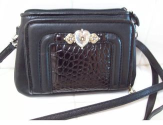 BRIGHTON CROSSBODY WALLET MESSENGER PURSE SHOULDER BAG BLACK LEATHER + MOC EUC