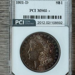 1921-D Morgan Silver Dollar PCI Graded MS65+ with Toning