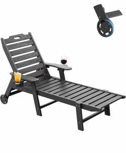 New- Lounge Chair Outdoor, HDPE Chaise Lounge with Wheels, 5-Position Adjustable Backrest & 2 Cup Holders Patio Lounge Chair, All-Weather Pool Sun Lou