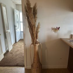 Tall Wicker Floor Vase With Pampas Grass Decor 
