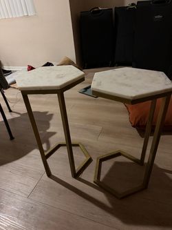 Modern Hexagonal White Marble & Gold Metal Side / Accent Tables (Set of 3)